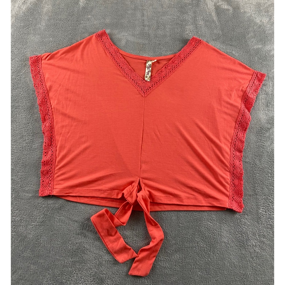 Blue Sky Womens Coral Orange Crochet Trim Tie Front V-Neck Top Size Large